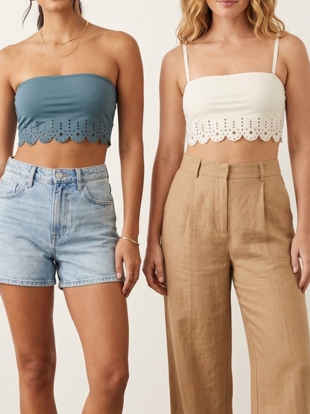 Fashion Forms Scalloped Laser Cut Bralette Crop Tops Set of 2 Blue Ivory